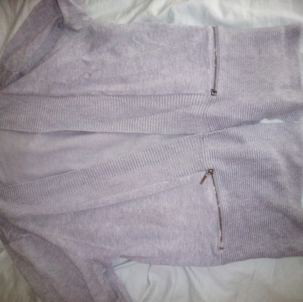 Carmen Marc Valvo Open Front Ribbed Zipper Pocket Cardigan - Gray - Large